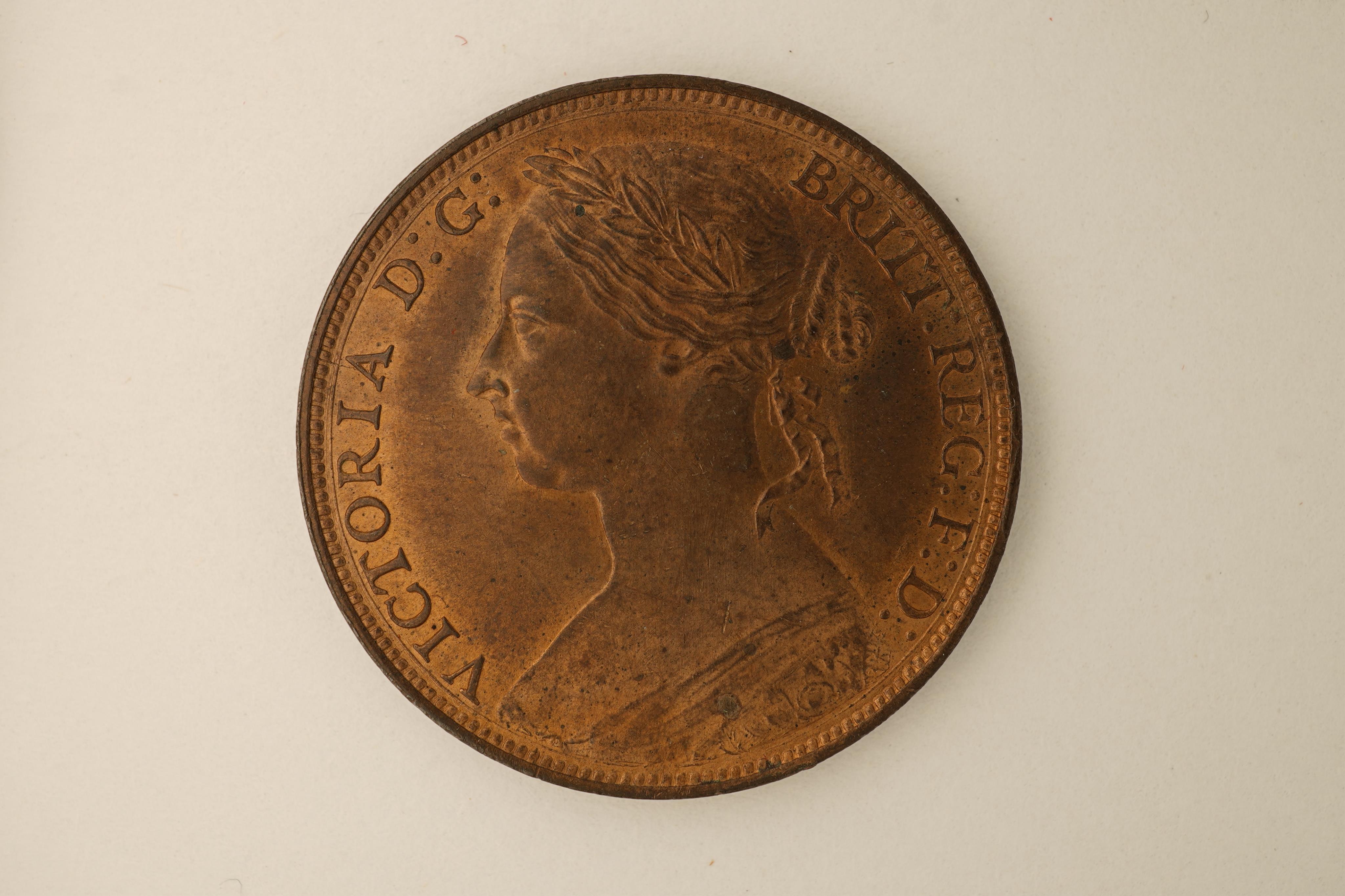 British coins, Victoria, four bronze pennies;, 1881, Fr. 102, Gouby dies M/k, light surface pitting to obv. otherwise near EF, dark toned, patches of lustre, 1882, H below date, Heaton mint, Fr. 115, Gouby dies R/r, cris
